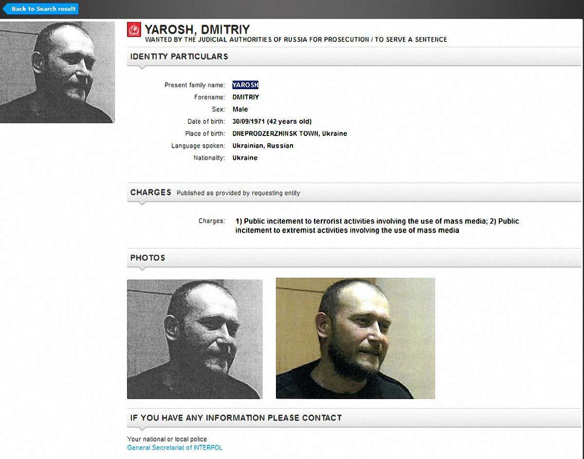 Лідер «Правого сектора» Дмитро Ярош потрапив у базу розшуку Інтерполу