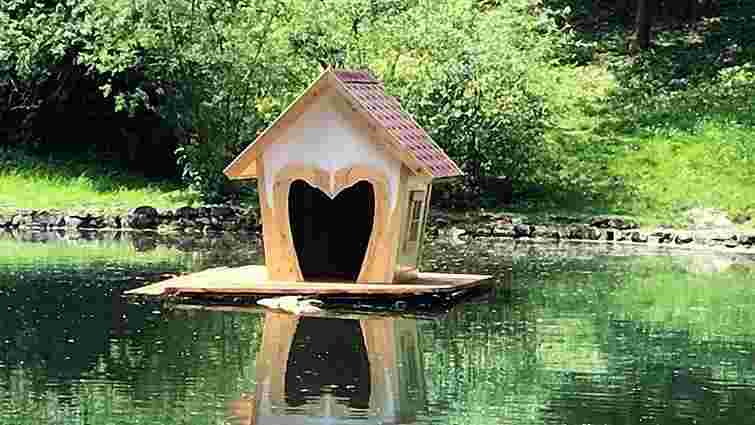 На озері у Стрийському парку з’явились новий будиночок для лебедів та плаваюча клумба
