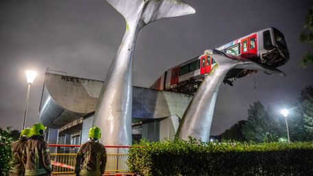 Від падіння у прірву поїзд метро у Роттердамі врятувала скульптура кита. Фото дня