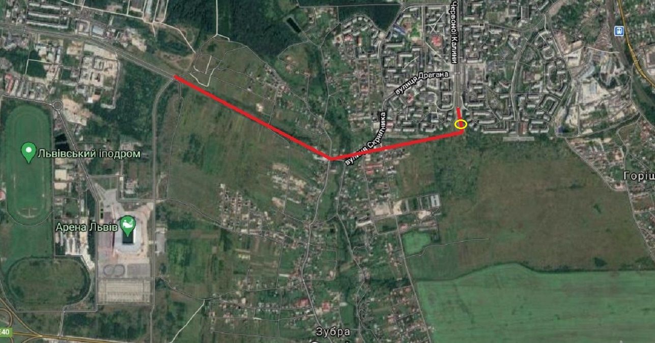 На карті червоним кольором позначено орієнтовне розташування продовження вул. Вернадського, а жовтим обведена ділянка, яку передали у приватну власність