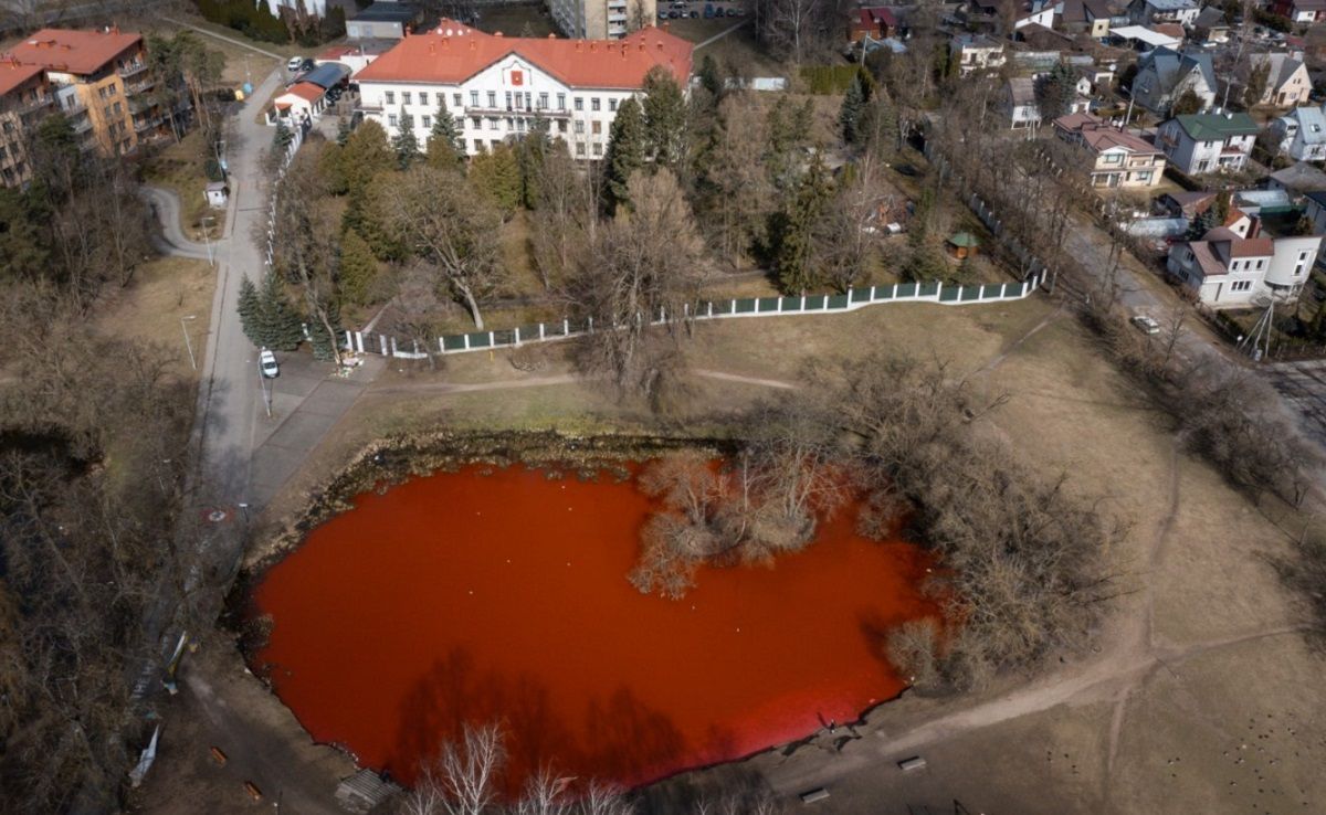 Воду в озері навпроти посольства Росії у Вільнюсі забарвили у червоний колір