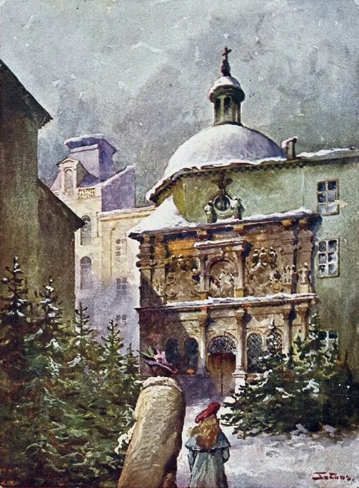 Продаж ялинок біля каплиці Боїмів у Львові. Листівка Станіслава Тондоса