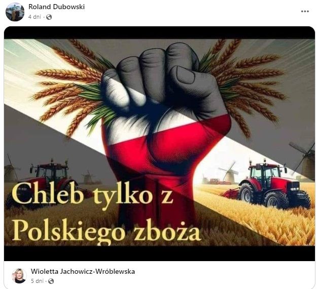Пост Роланда Дубовського у Facebook із написом «Хліб тільки з польського збіжжя»