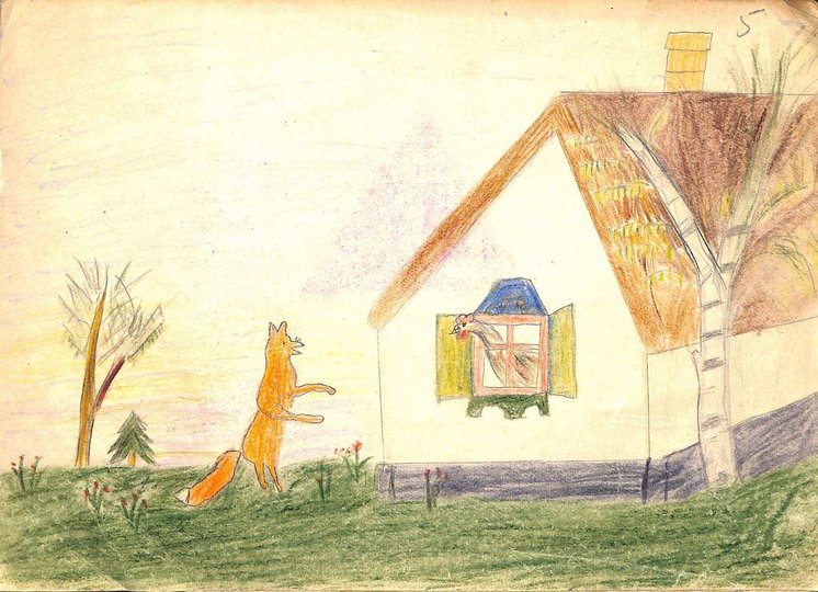 Дитячий малюнок Івасюка, ілюстрація до казки «Про котика та півника»