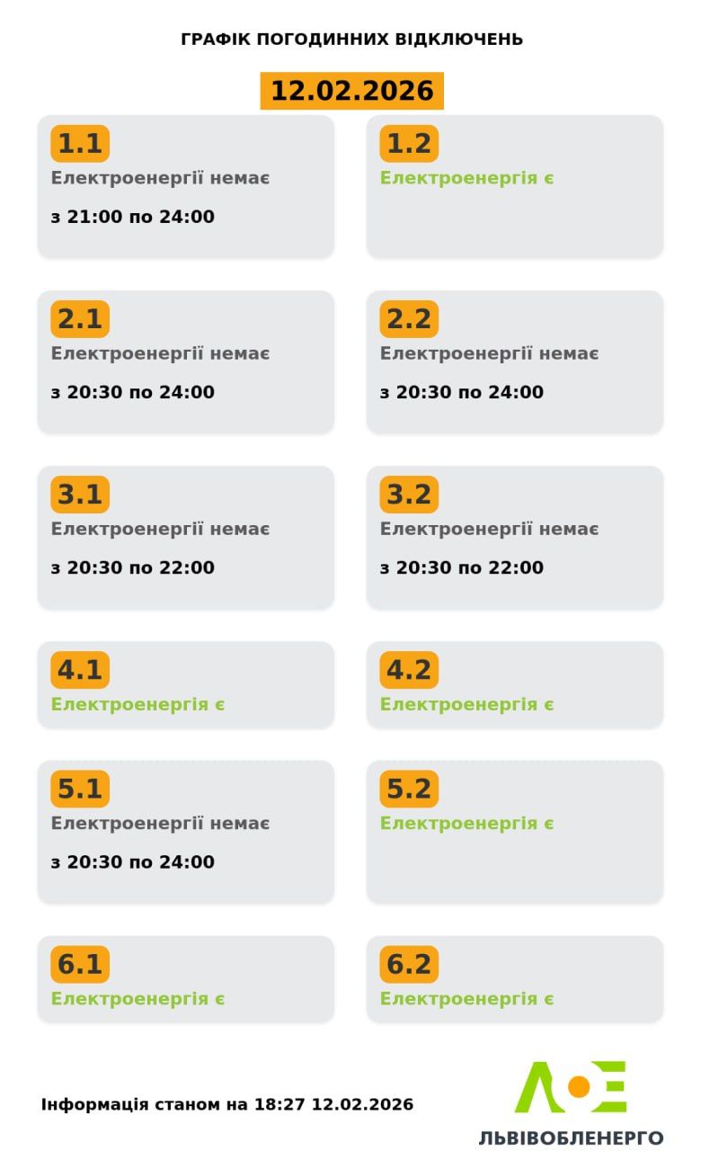 Актуальний графік відключень на 12 лютого