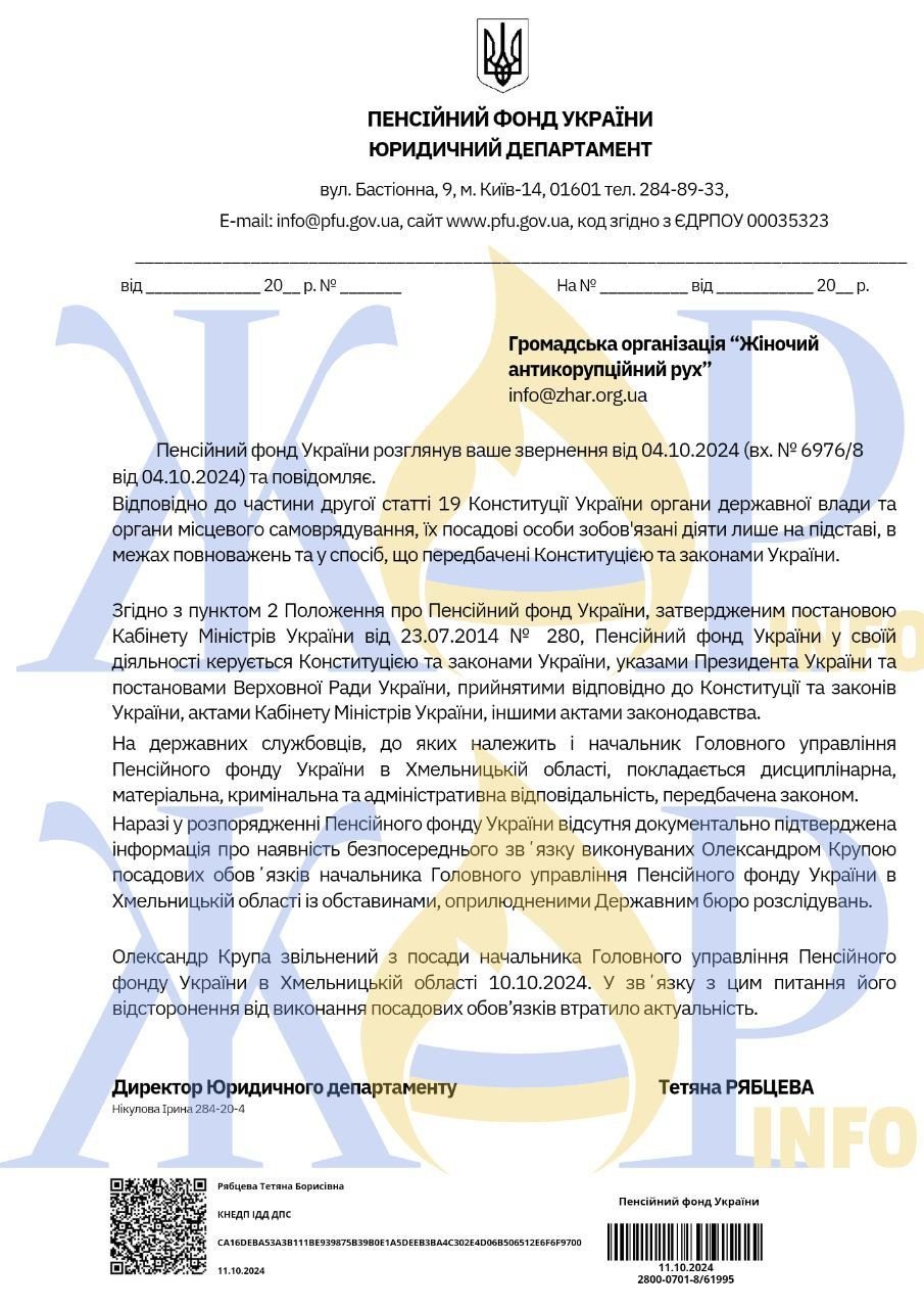 Відповідь ПФУ на запит журналістів ЖАР.INFO щодо звільнення Олександра Крупи 