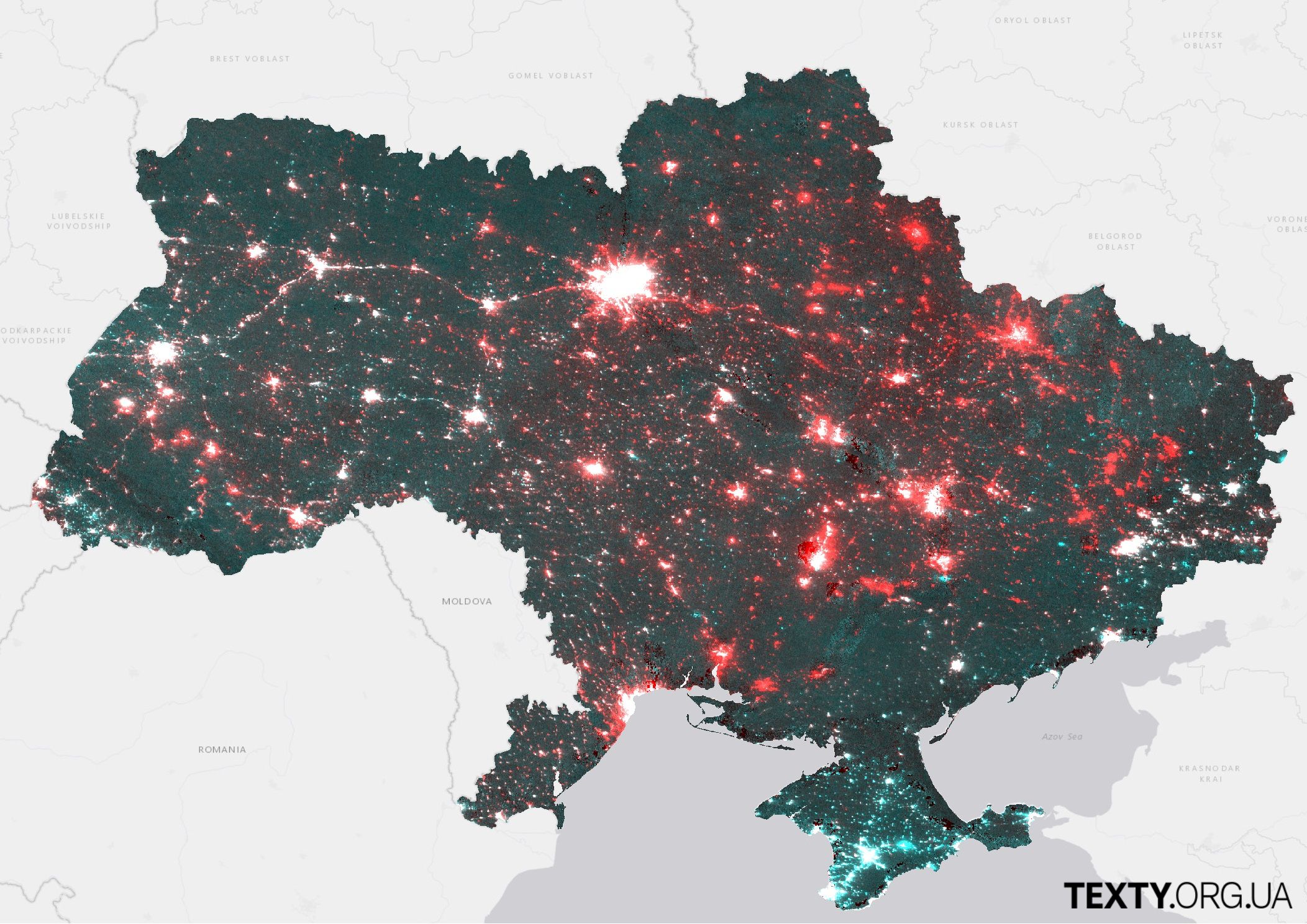 Нічне освітлення України у березні 2022 року, якого не було в березні 2024 року (Візуалізація Texty.org.ua)