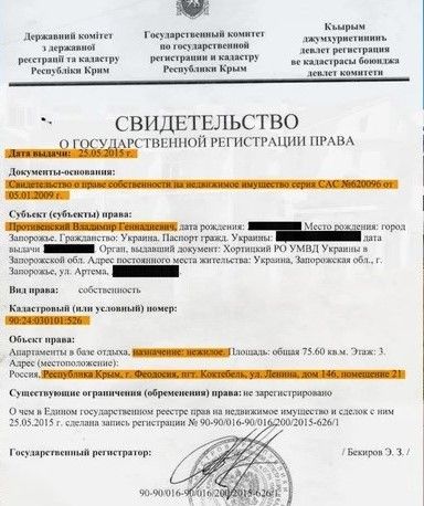 Фото hromadske, витяг з російського реєстру про нерухомість Противенського у Криму