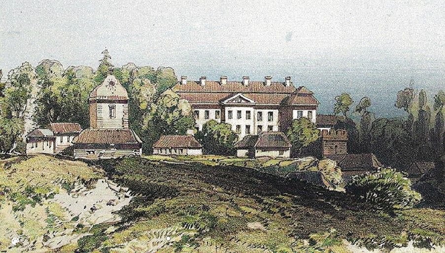 Літографія 1842 року з видом на палац Дідушицьких у с. Пеняки