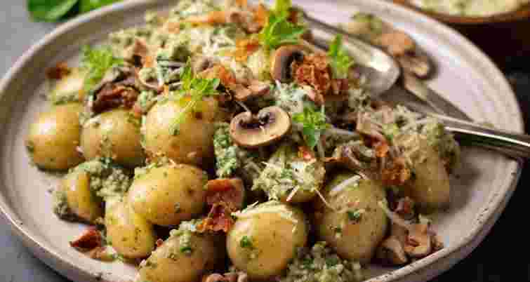 Салат з молодою картоплею, грибами та соусом песто. Рецепт дня
