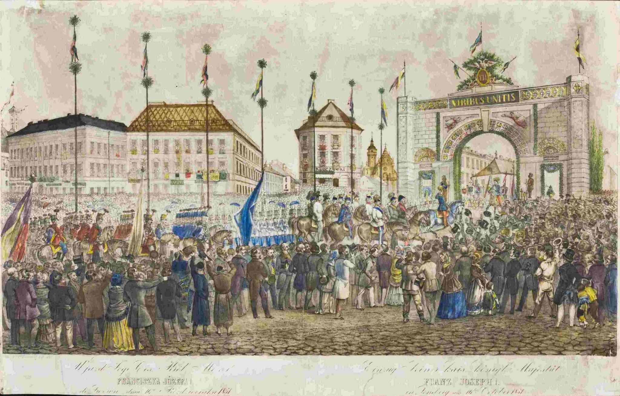 Літографія 1851 року на честь приїзду до Львова цісаря Франца Йосифа – зараз це стик проспектів Свободи, Шевченка та площі Галицької (зображення з колекції ЛІМ)