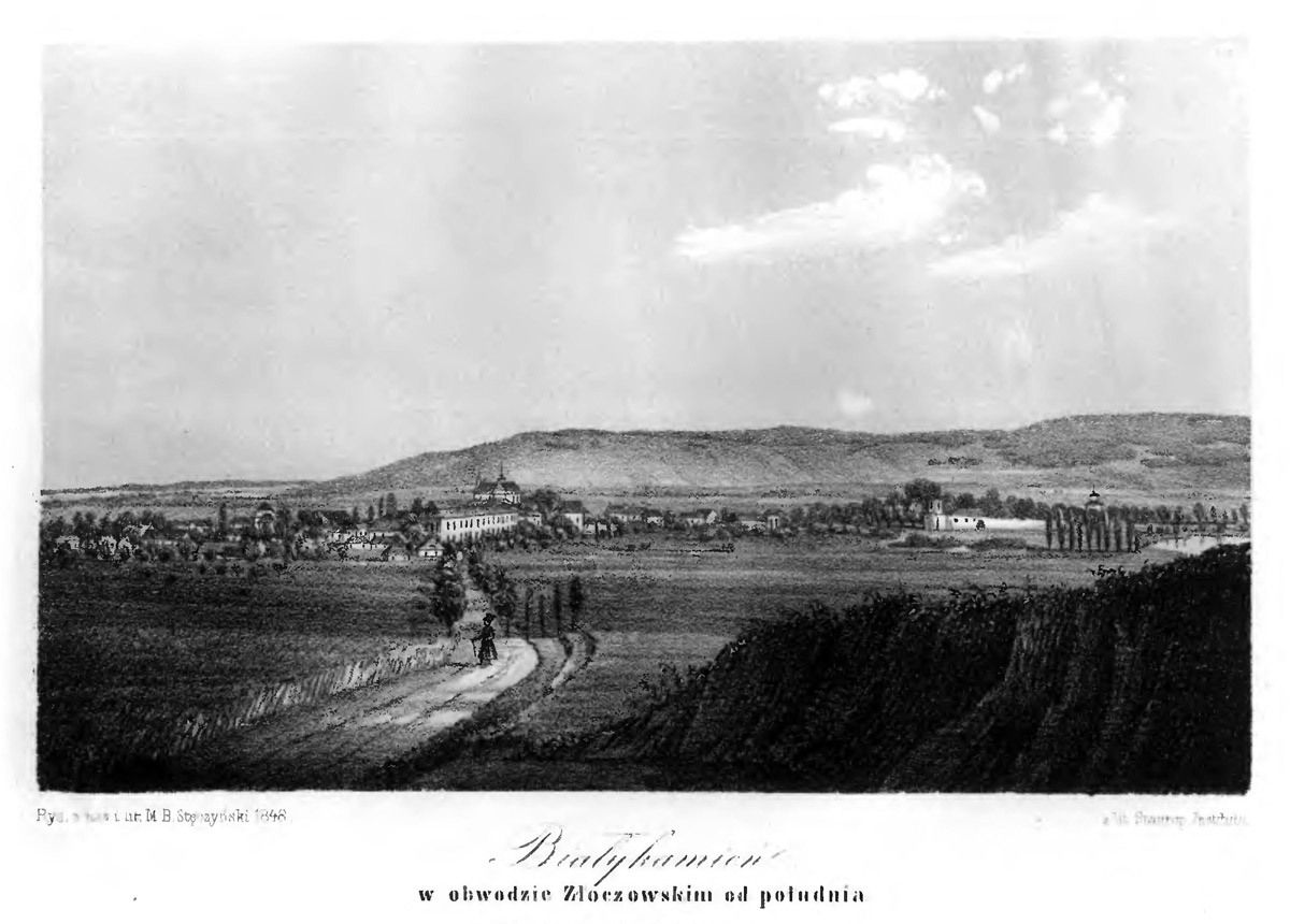 Листівка із виглядом на Білий Камінь в середині XIX ст., замок праворуч