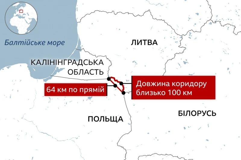 Червоним кольором на карті позначений Сувальський коридор (Візуалізація BBC Україна)