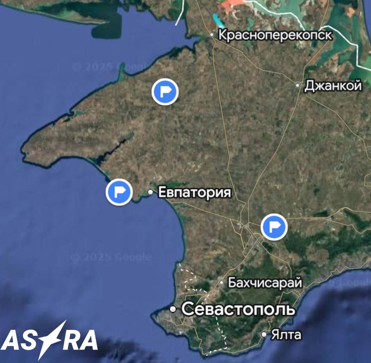 Фото телеграм-каналу ASTRA, розташування вражений об'єктів у Криму 21 вересня
