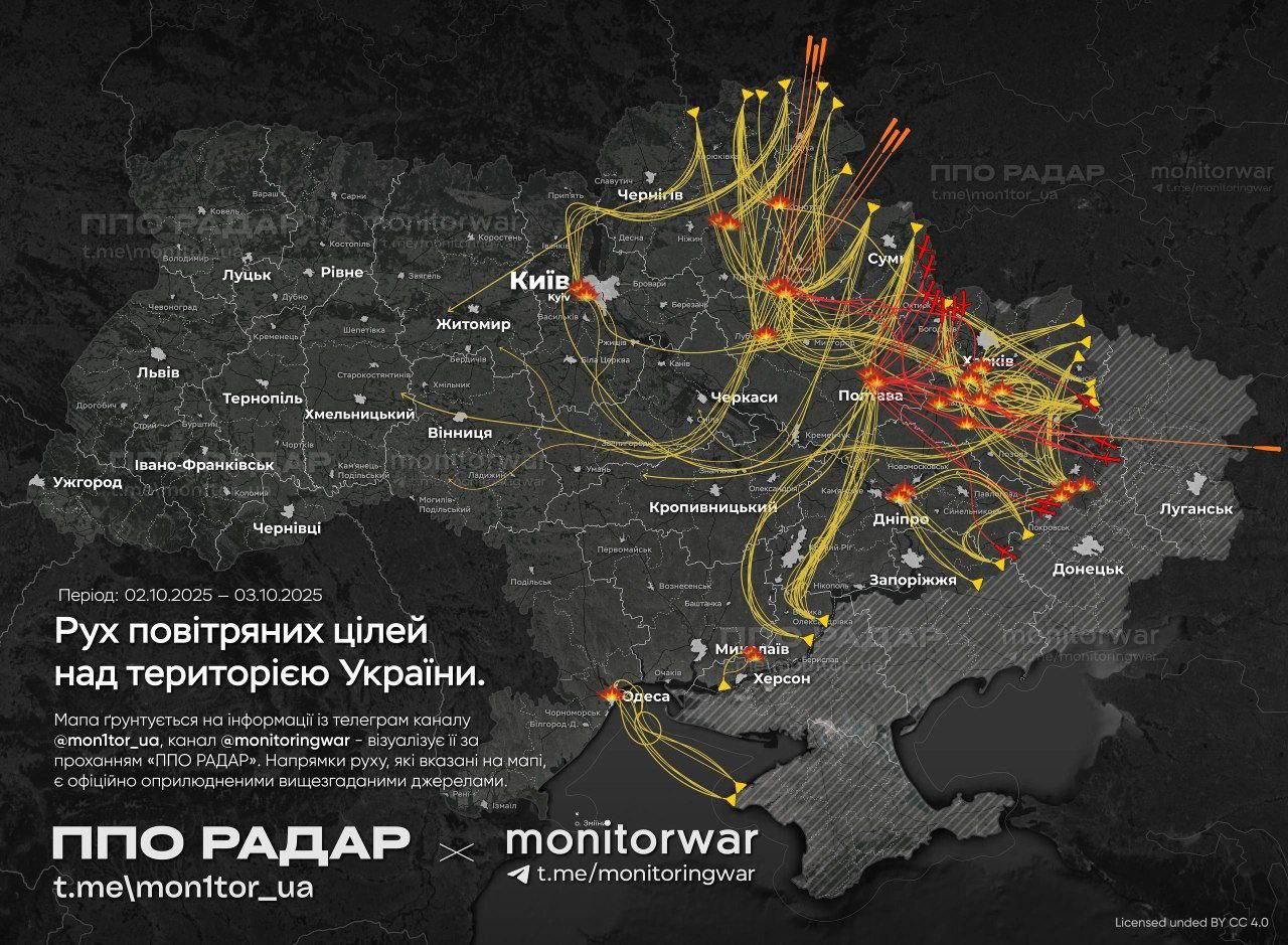 Рух повітряних цілей над територією України вночі 3 жовтня