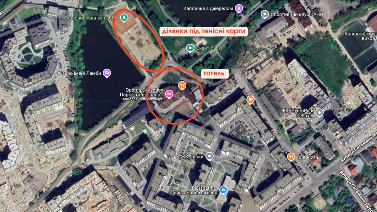Скрин з Google Maps, на якому позначені готель та дві ділянки з інвестконкурсу
