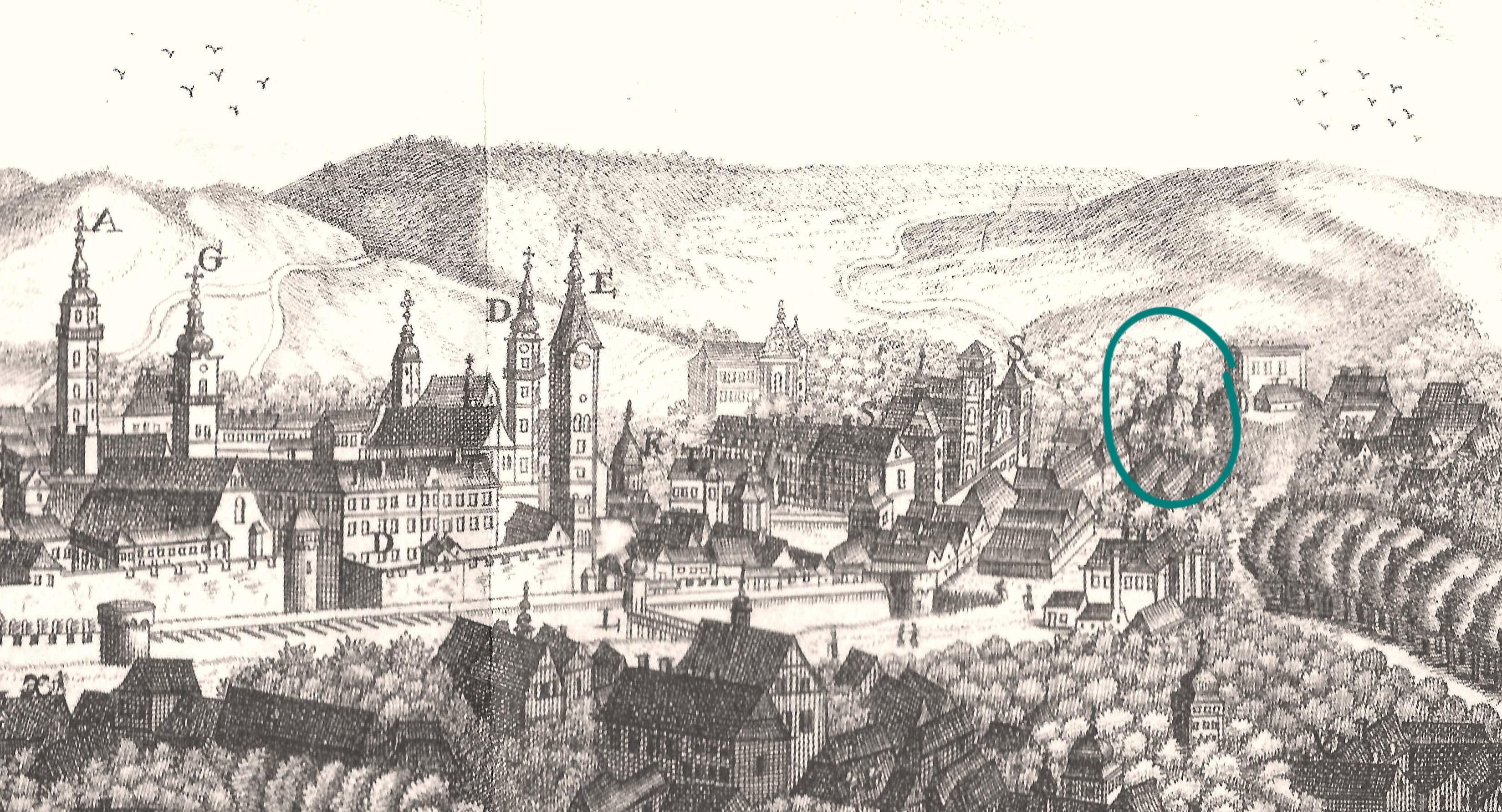 Обведена зеленим кольором церква Богоявлення на панорамі Львова Франсуа Пернера 1772 року (ілюстрація з Вікіпедії)