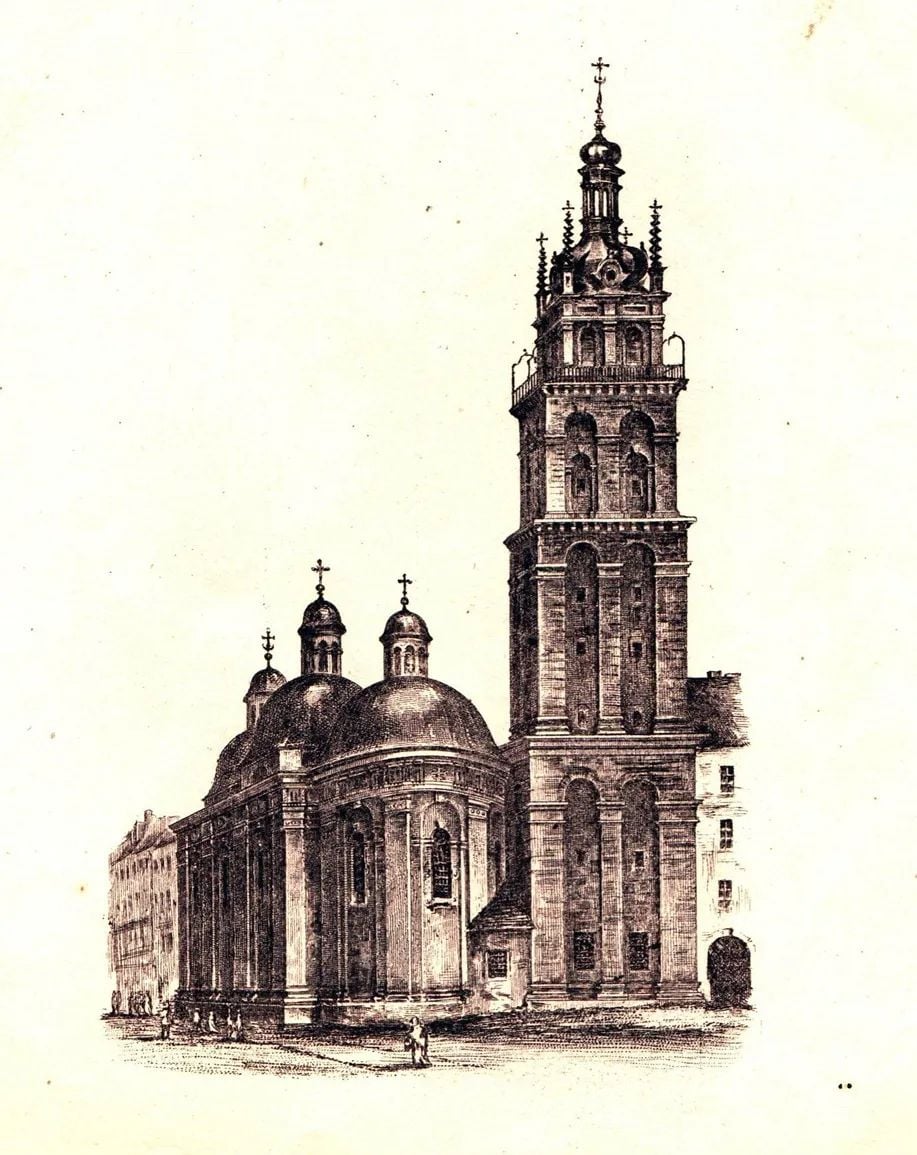 Успенська церква, до парафії якої приєднали Богоявленську (ілюстрація з сайту «Фотографії старого Львова»)