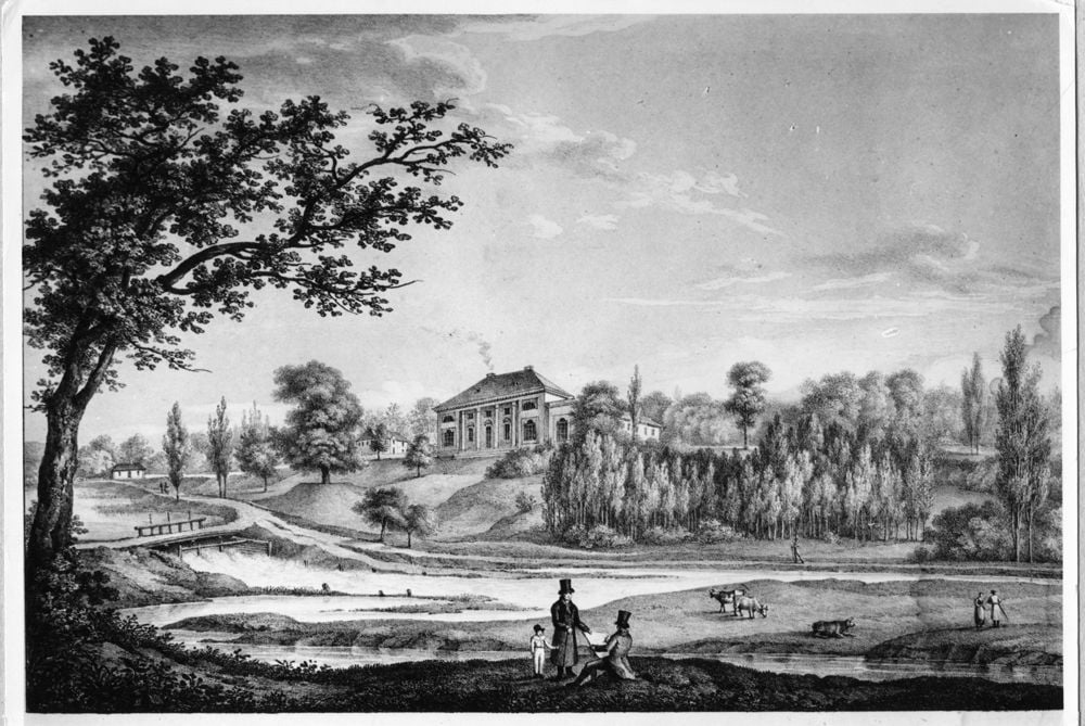 Палац у Білці Шляхетській (рисунок Aнтонія Ланге з літографії Петра Піллера з Інституту мистецтв ПАН)