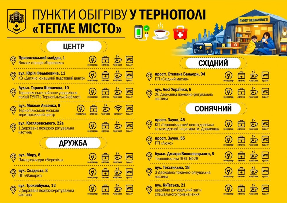 Адреси муніципальних пунктів обігріву