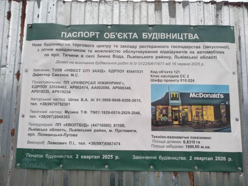 Паспорт будівництва McDonaldʼs у Зимній Воді