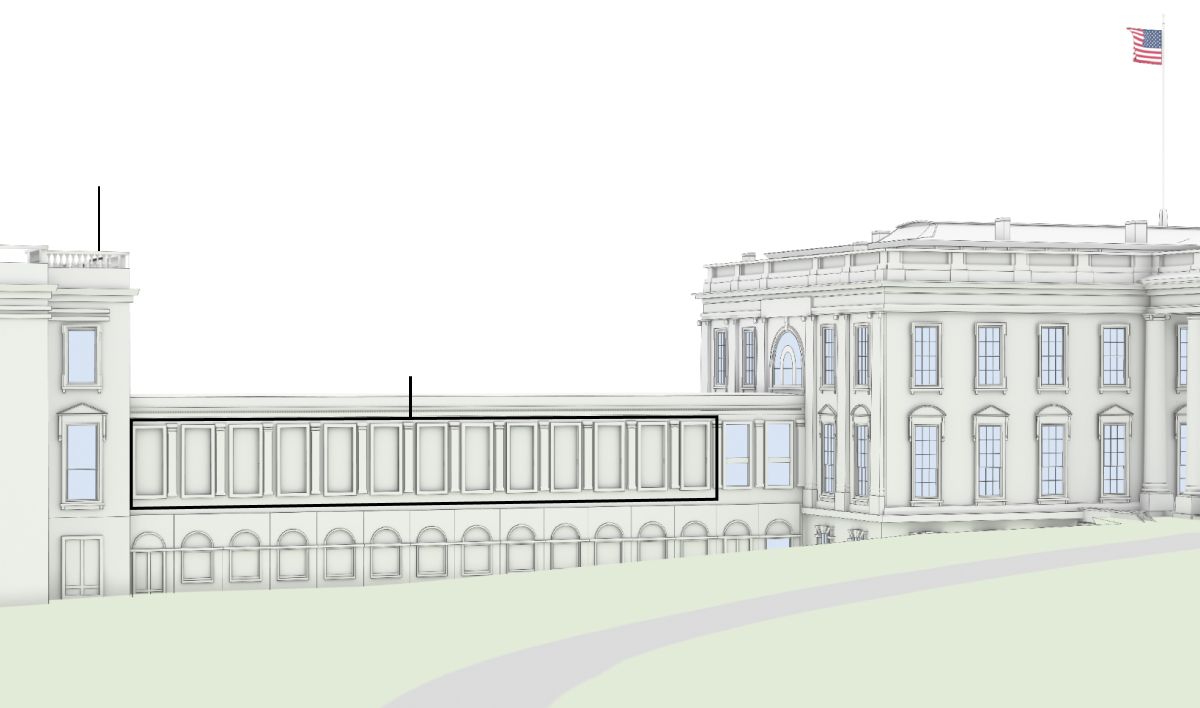 Галерея з несправжніх вікон між головною будівлею та новим східним крилом, що приблизно втричі більше