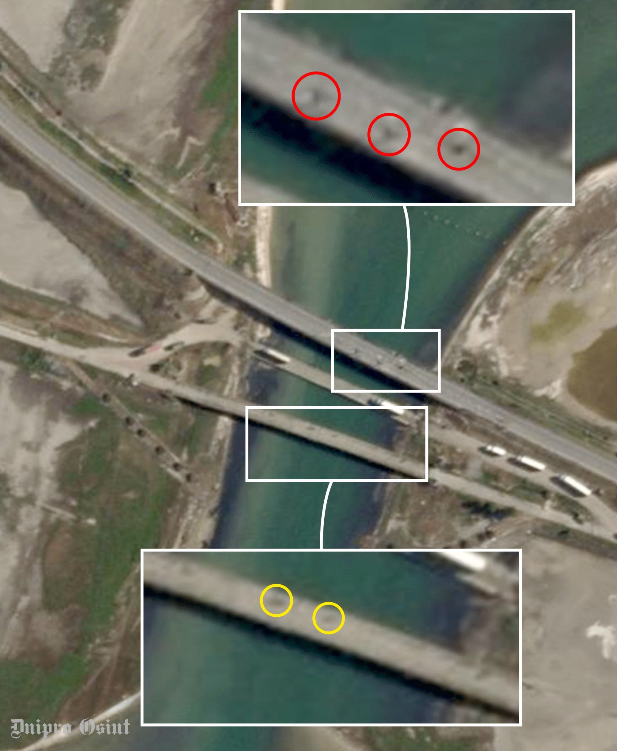 На супутникових фото показно ураження Чонгарського моста. Фото телеграм Dnipro Osint (Гарбуз)